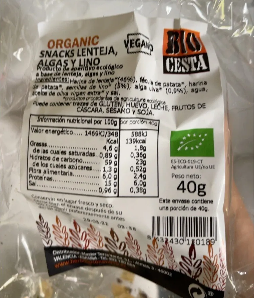 Snacks lenteja algas y lino
