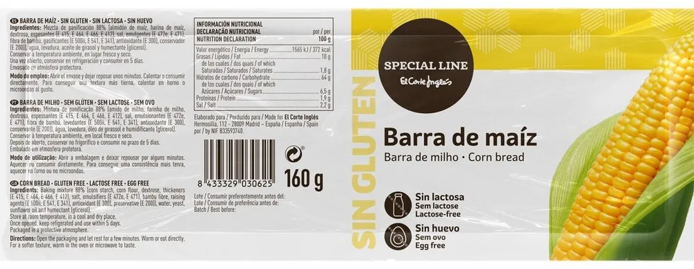 Barra de pan de maíz sin gluten, lactosa, huevo