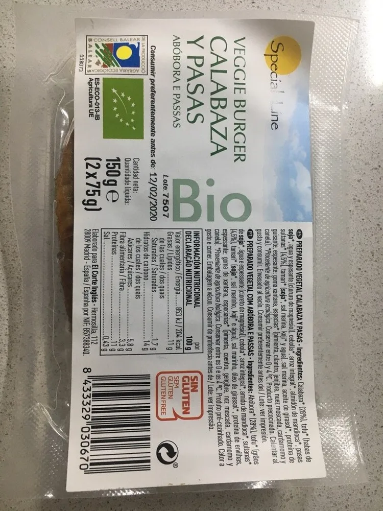 Bio hamburguesa vegetal de calabaza y pasas sin