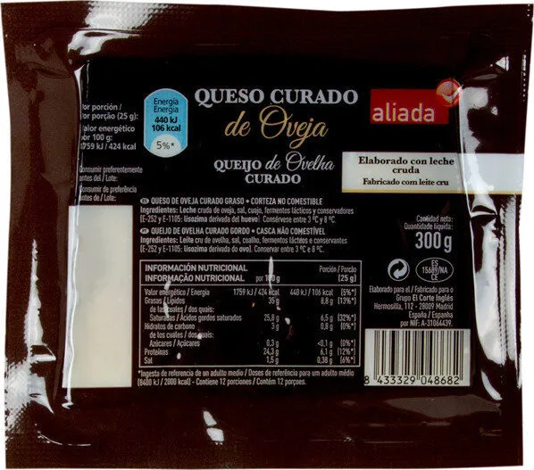 Queso curado de oveja graso elaborado con leche cruda cuña