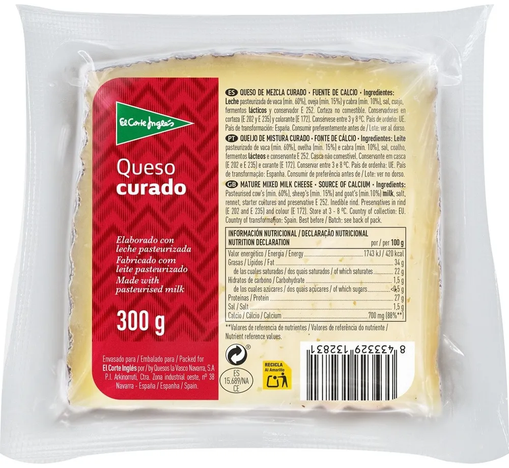 Queso curado mezcla graso elaborado con leche pasteurizada cuña