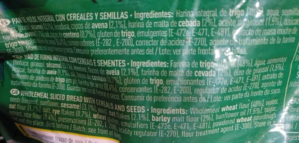 Pan de molde integral con cereales y semillas