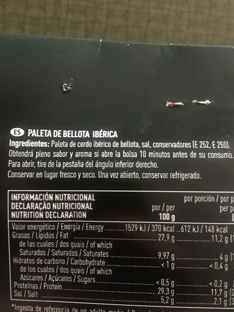 Paleta de bellota ibérica raza ibérica lonchas