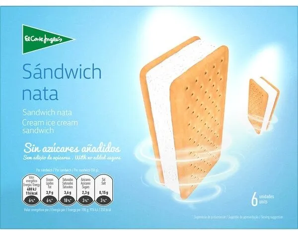 Sándwich de helado sabor a nata sin azúcares añadidos