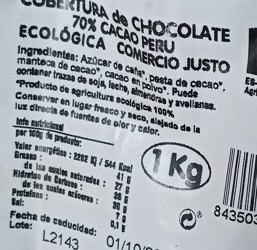 Cobertura de chocolate 70 cacao Peru