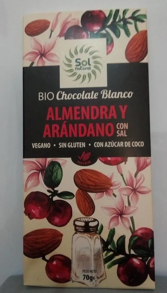 Chocolate blanco bio con almendra y arándano con sal