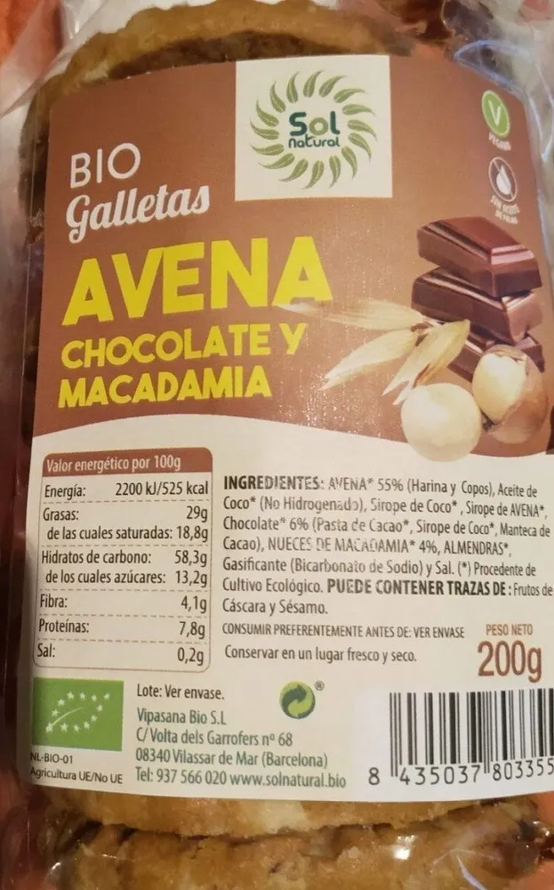 Bio Galletas Avena cjocolate y Macadamia
