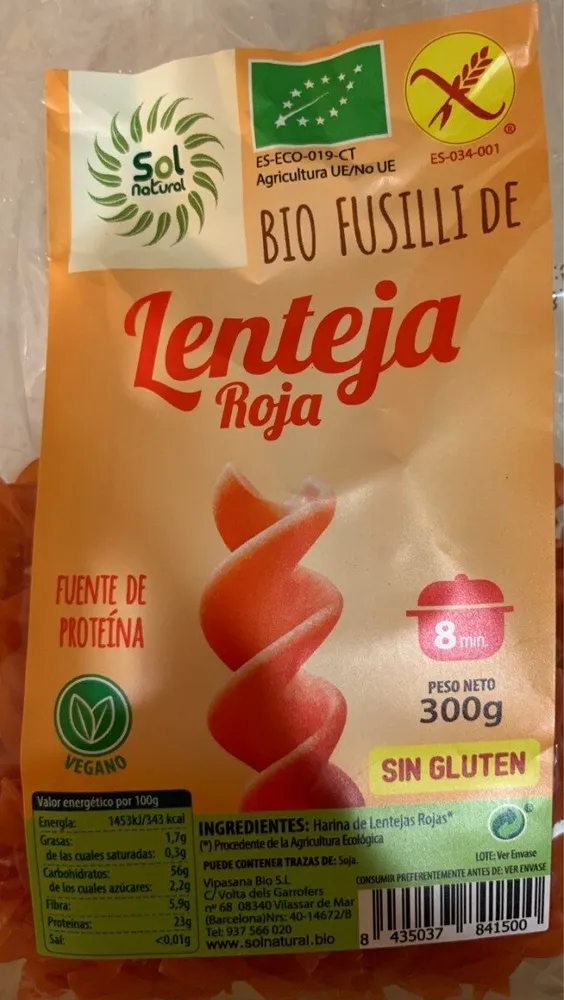 Bio fusilli de lenteja roja