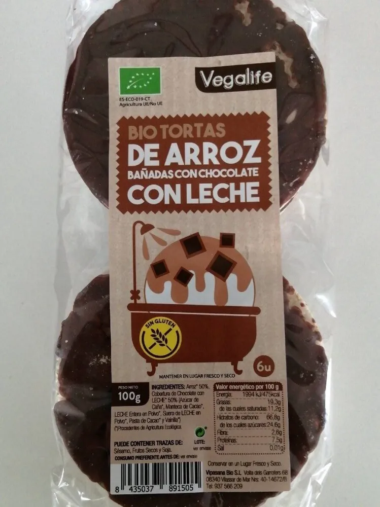 Bio tortas de arroz bañadas con chocolate con leche