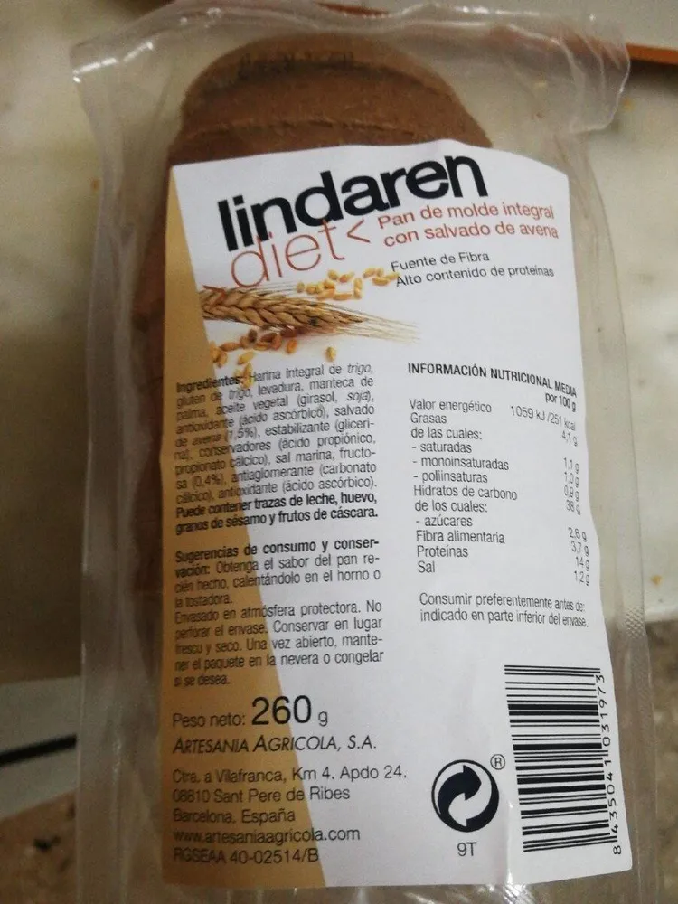 Pan de molde integral con salvado de avena