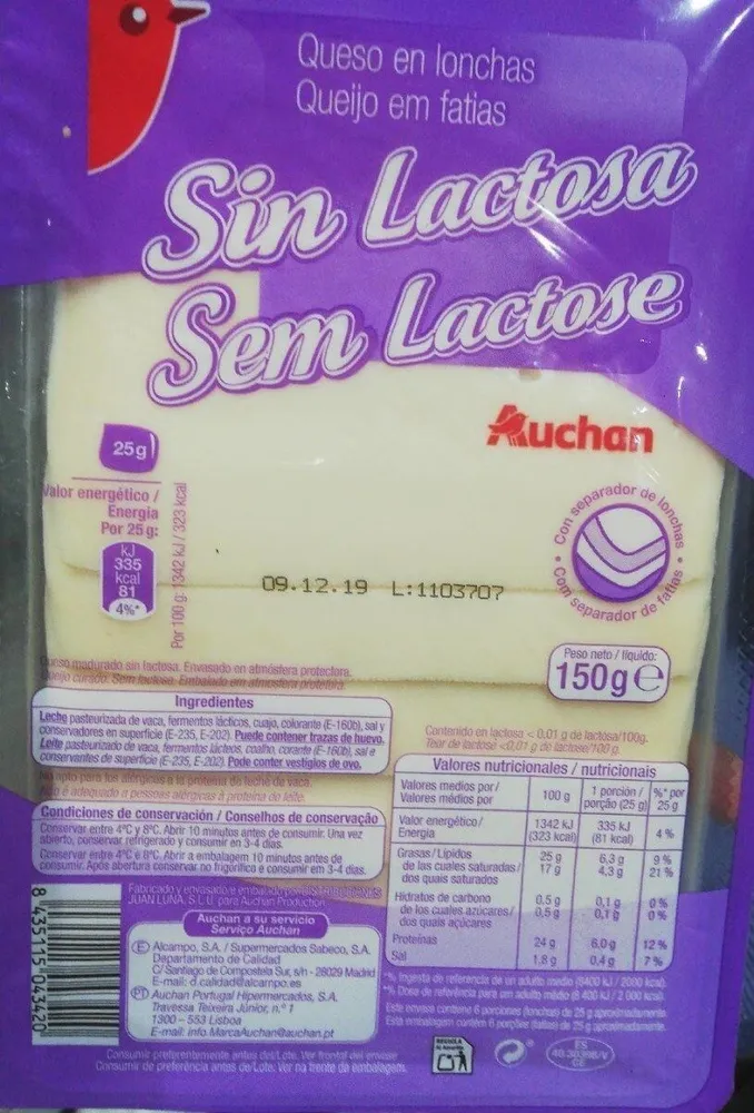Queso en loncha sin lactosa