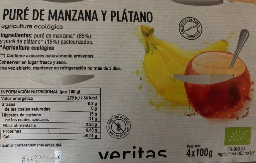 Puré De Manzana Y Plã¡tano Eco Veritas (pack 4 X 100G)