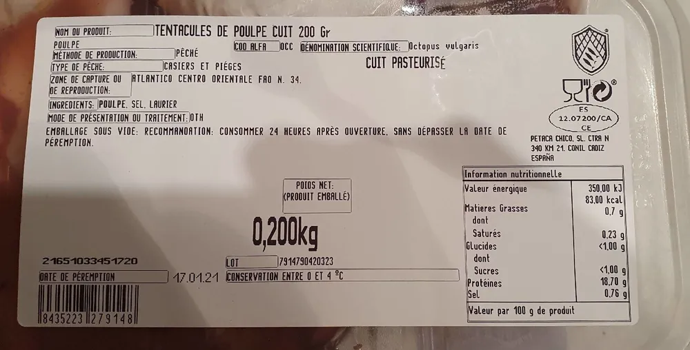 Tentacules de poulpe cuit