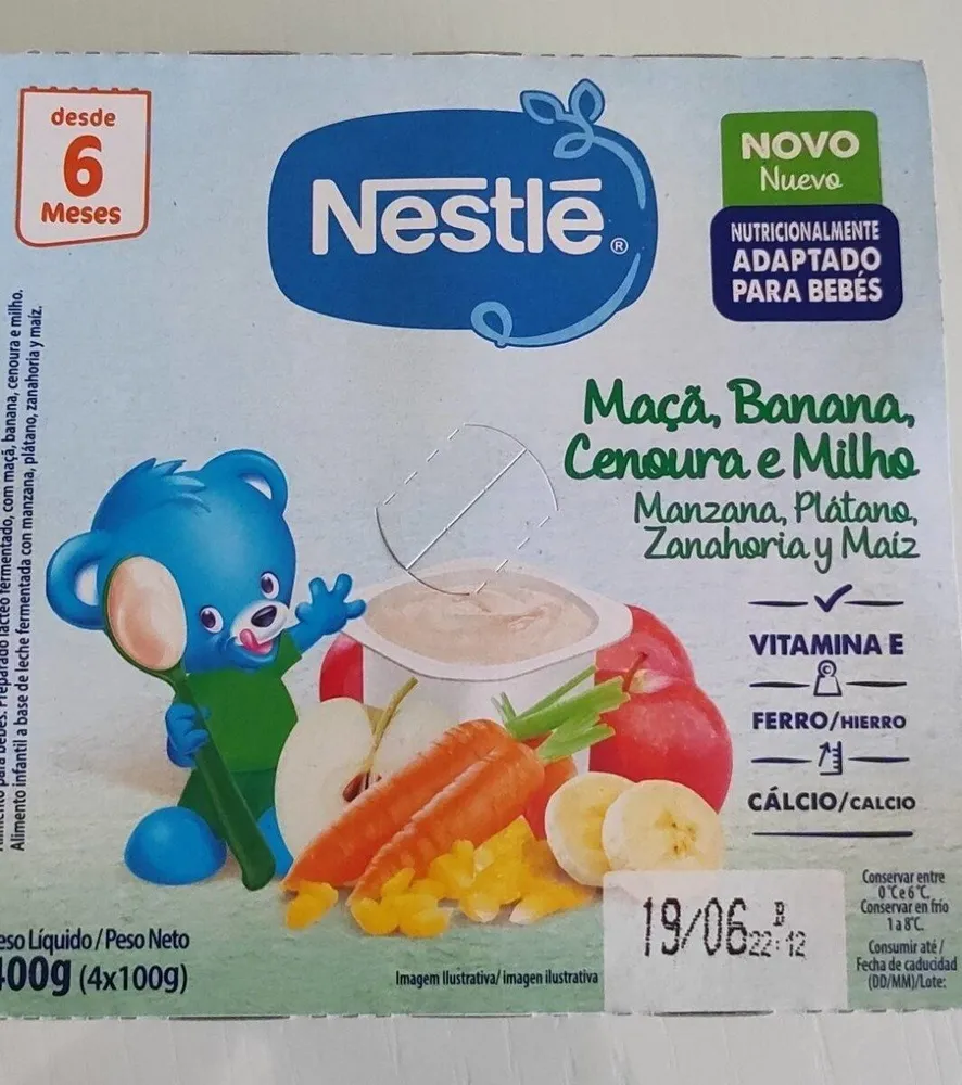 Yogur manzana platano maíz y zanahoria