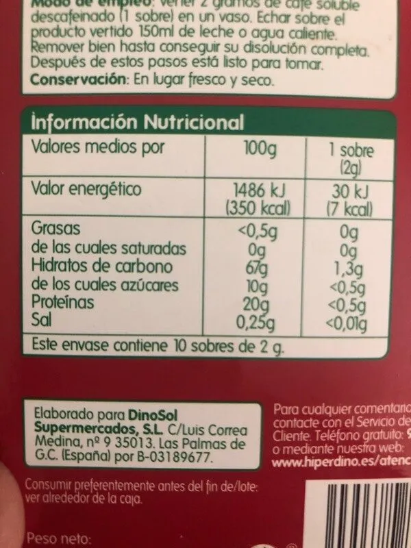 Café soluble en sobre descafeinado