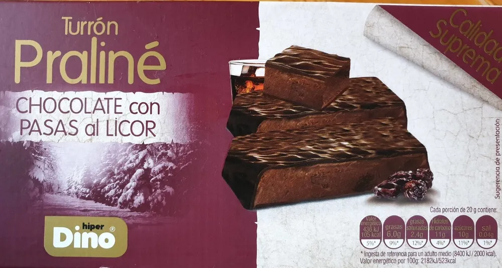 Turrón praliné chocolate con pasas al licor