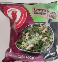 Revuelto de ajetes, trigueros y gambas