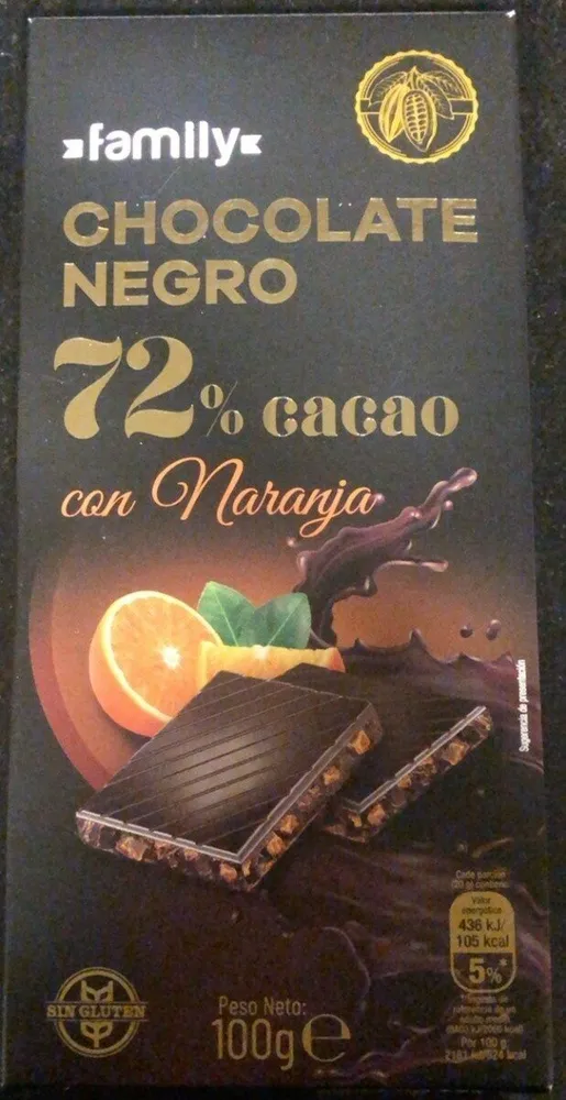 Chocolate negro 72% cacao con naranja