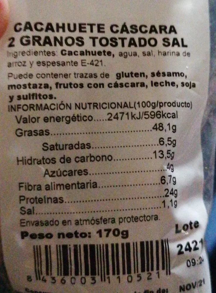 Cacahuete cáscara 2 granos tostado sal