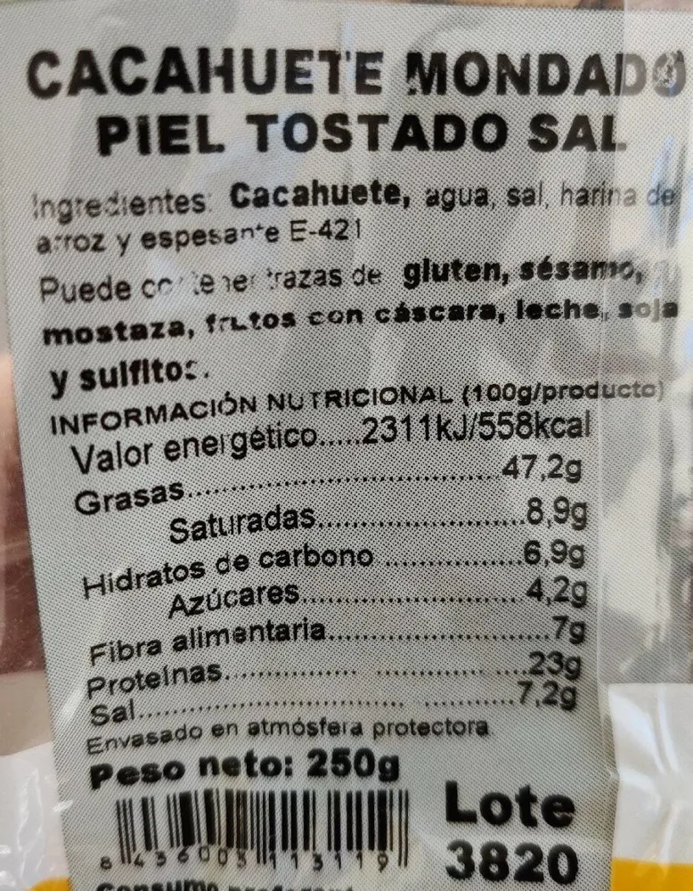 Cacahuete mondado piel tostado sal