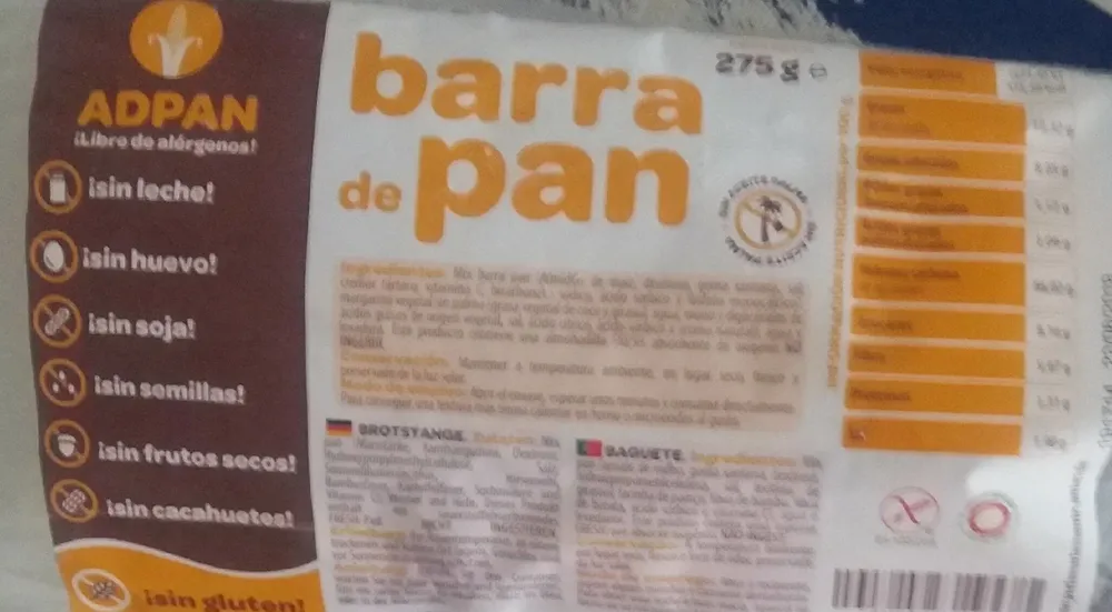 Barra de pan sin gluten