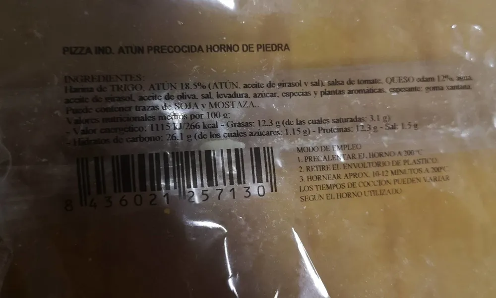 Pizza ind. Atún precocida horno de piedra