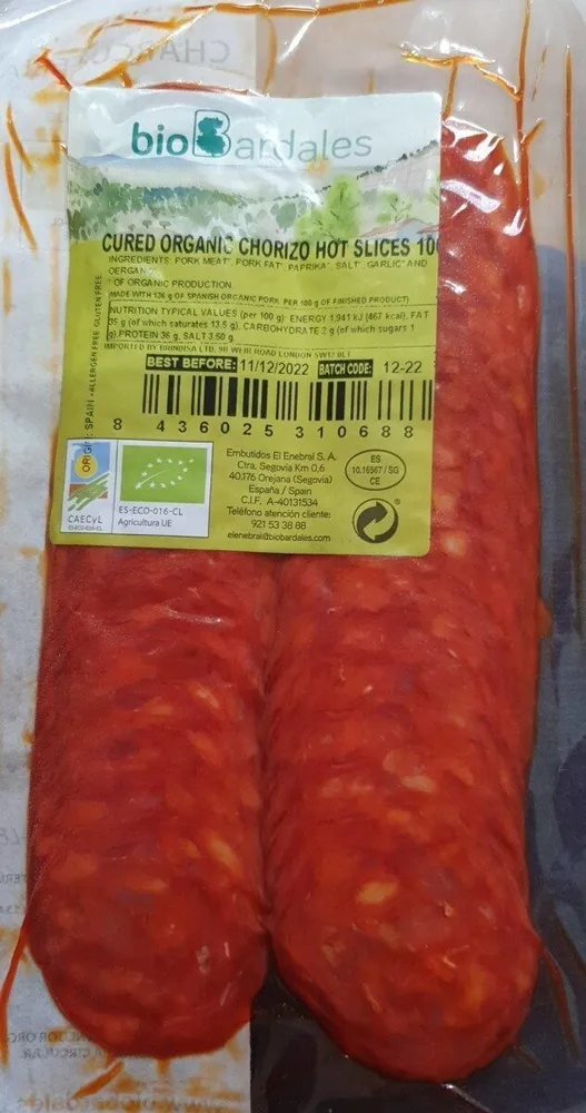 Cured organic chorizo hot slices