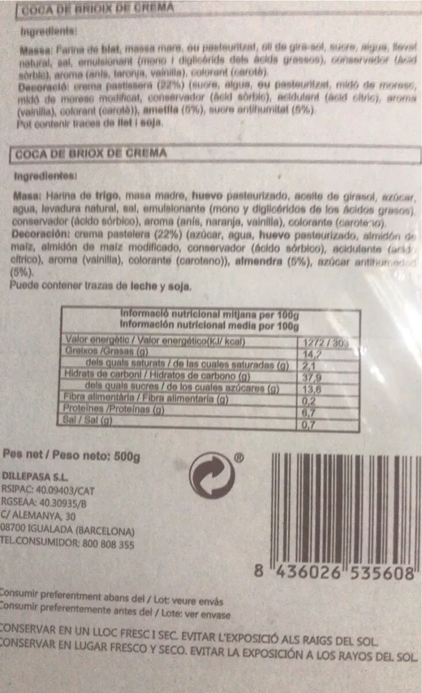 Coca de briox de crema