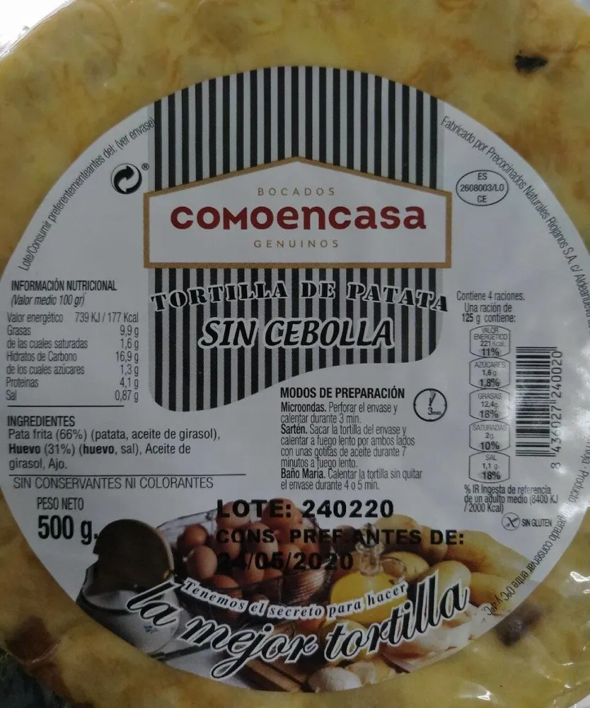 Tortilla de patata sin cebolla