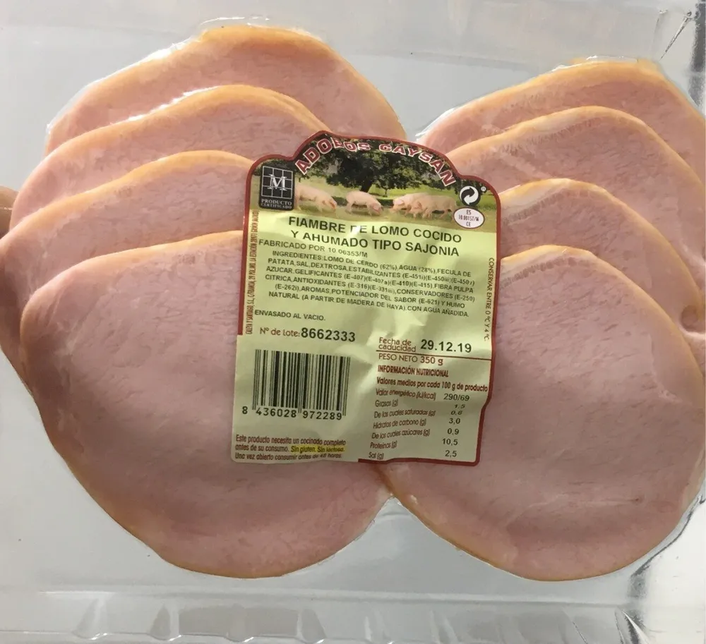 Fiambre de lomo cocido y ahumado tipo sajonia