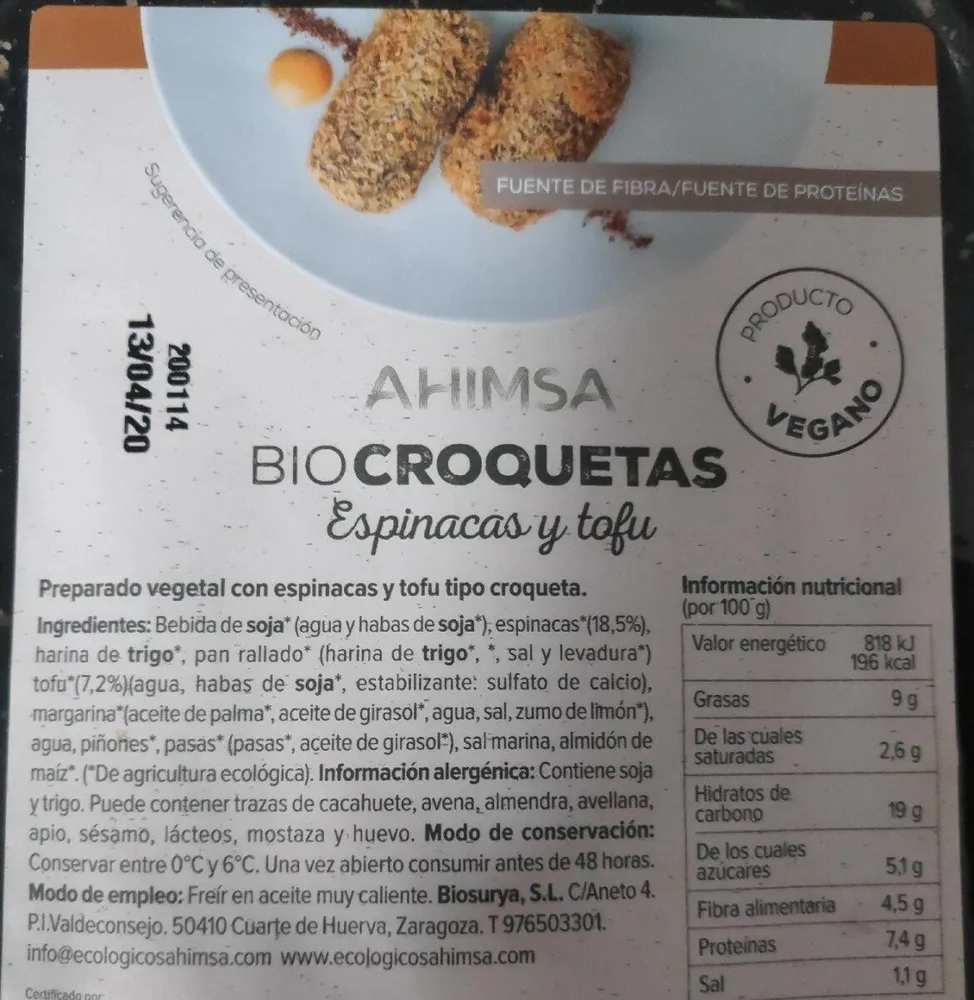 Biocroquetas espinacas y tofu