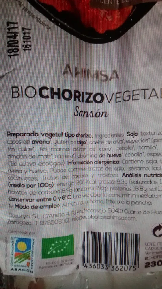 BioChorizo vegetal sansón