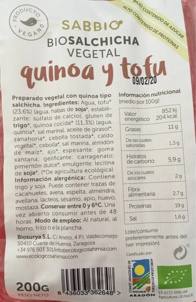 Bio salchicha vegetal quinoa y tofu