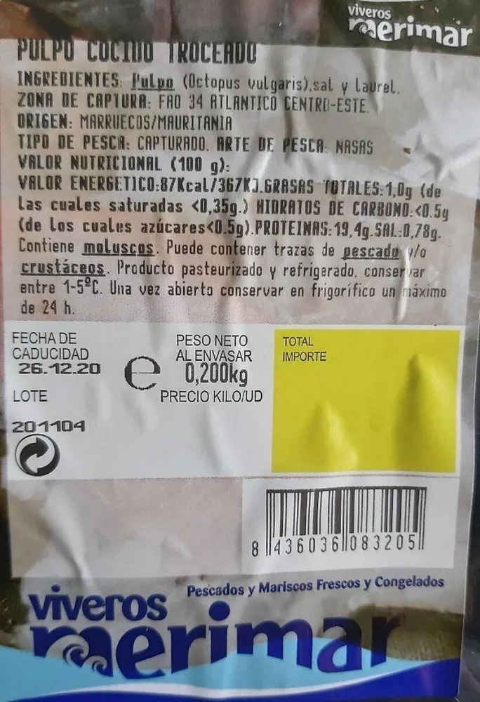Pulpo cocido troceado