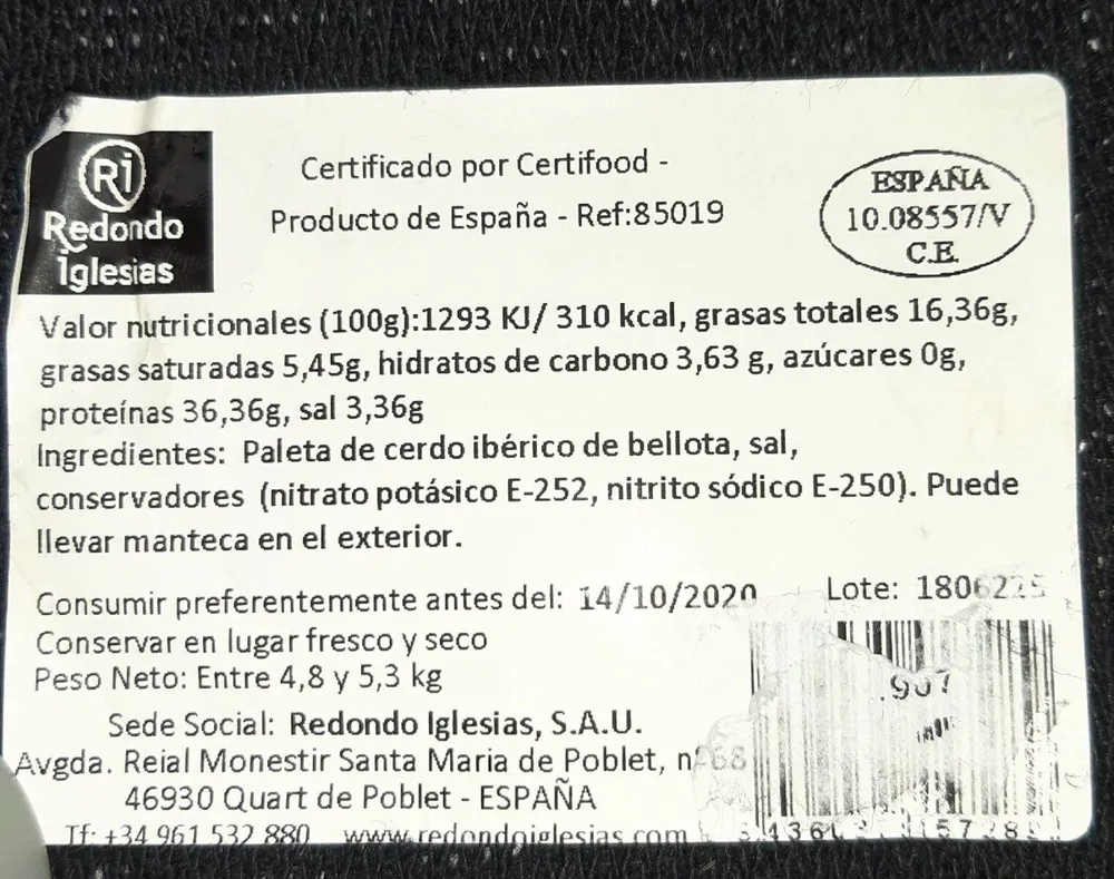 Paleta de bellota ibérica raza ibérica de salamanca