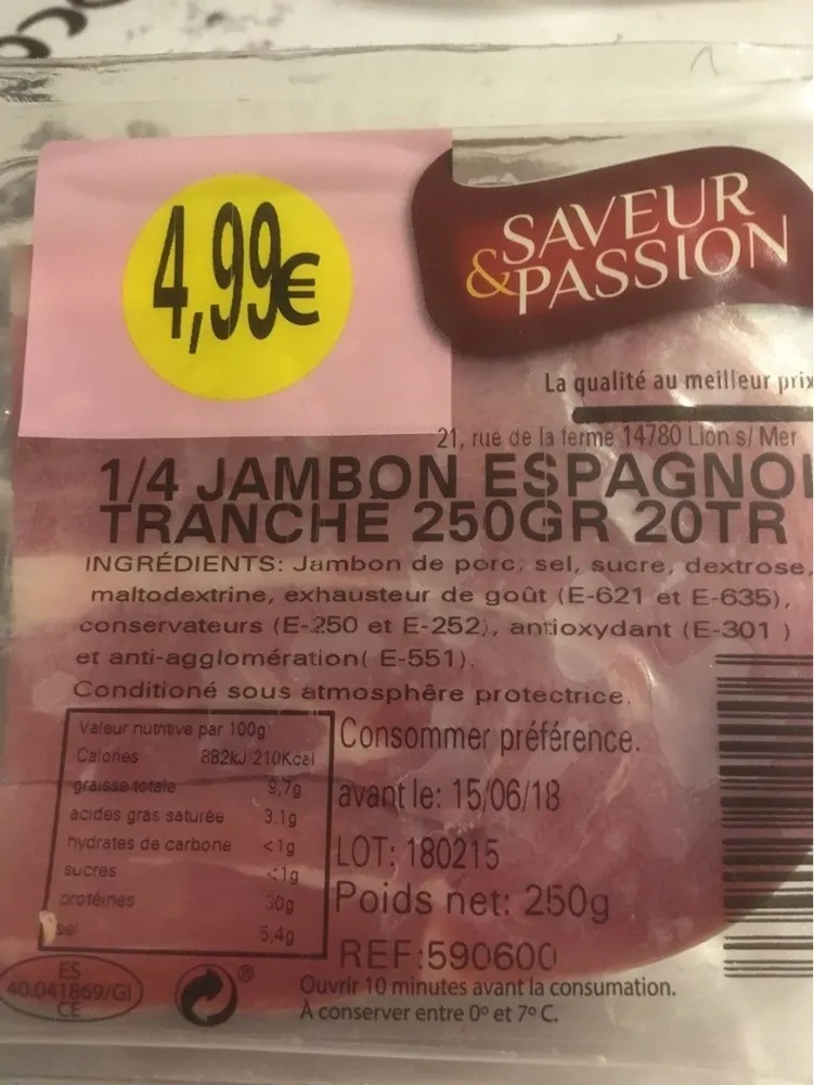 1/4 jambon espagnol tranche 250 gr 20T