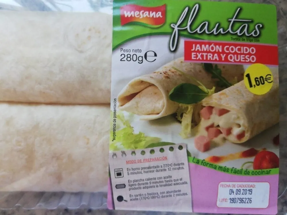 Flautas de jamón cocido extra y queso