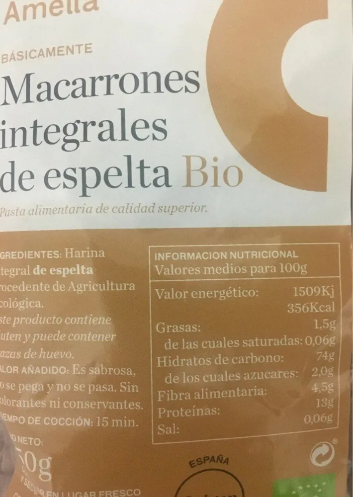 Macarrones integrales de espelta