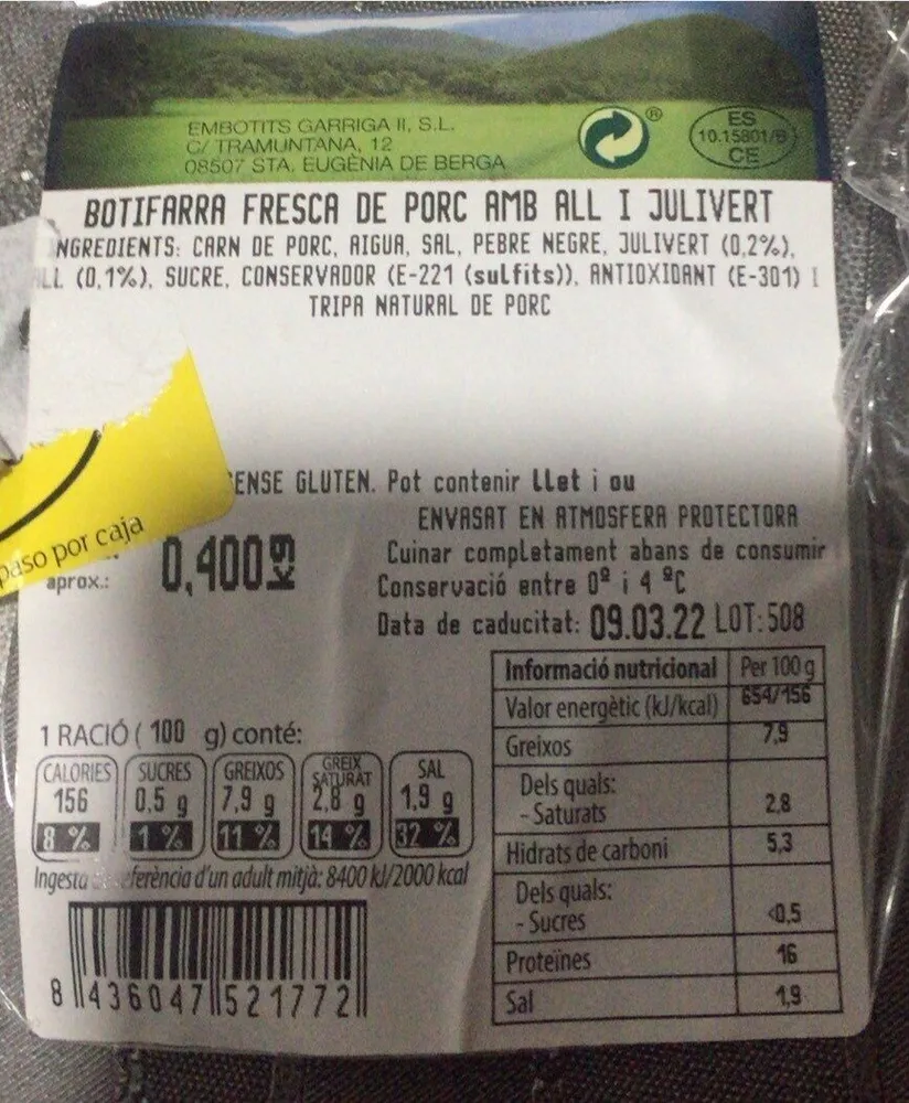 Botifarra fresca de porc amb all i julivert