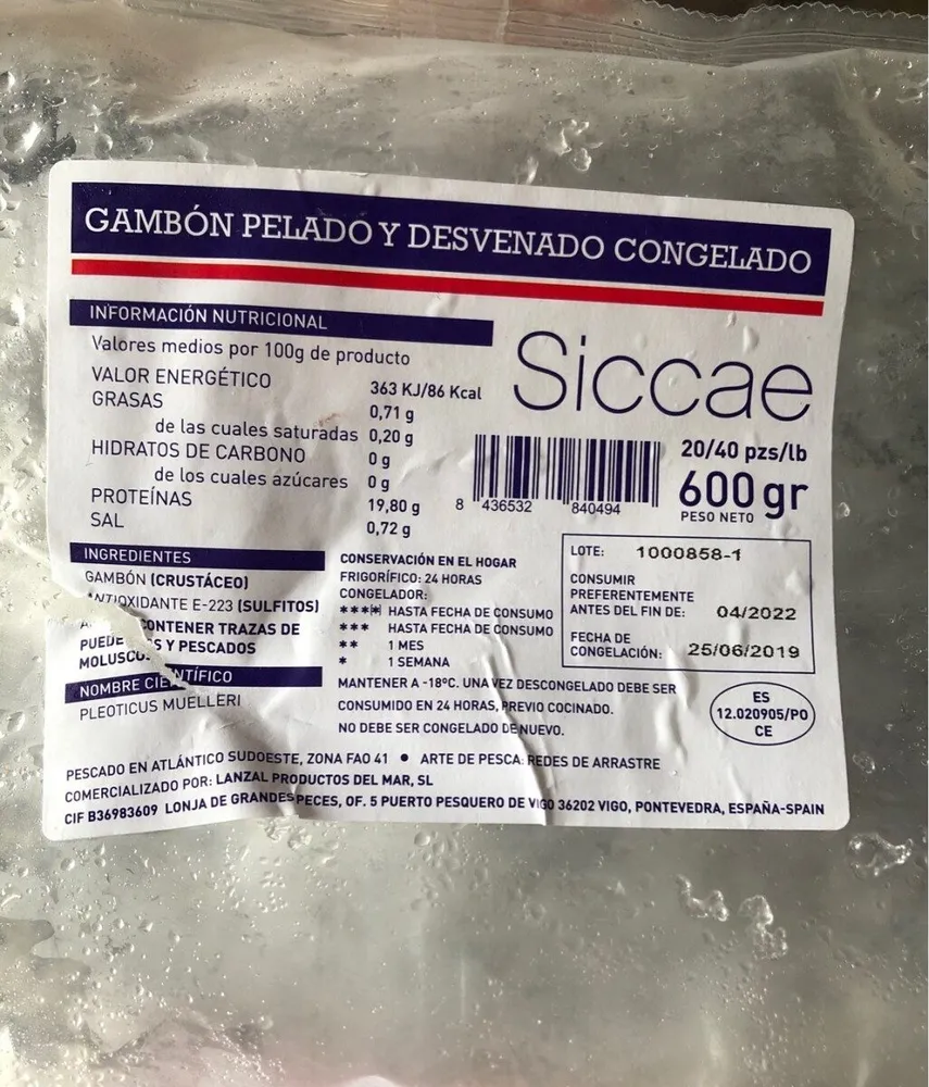 Gambon pelado y desvenado congelado