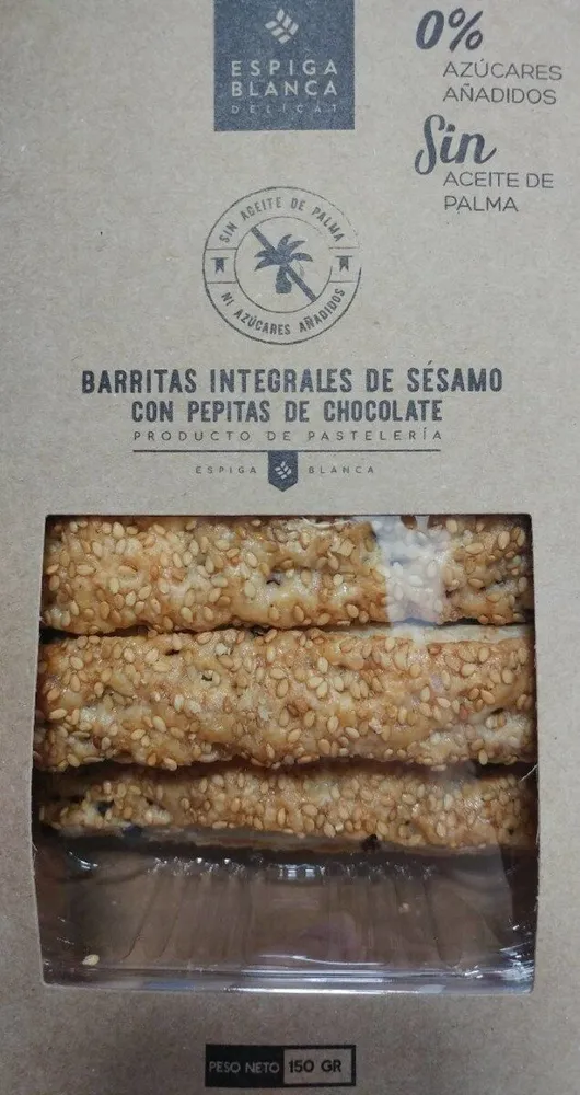 Barritas integrales de sésamo con pepitas de chocolate