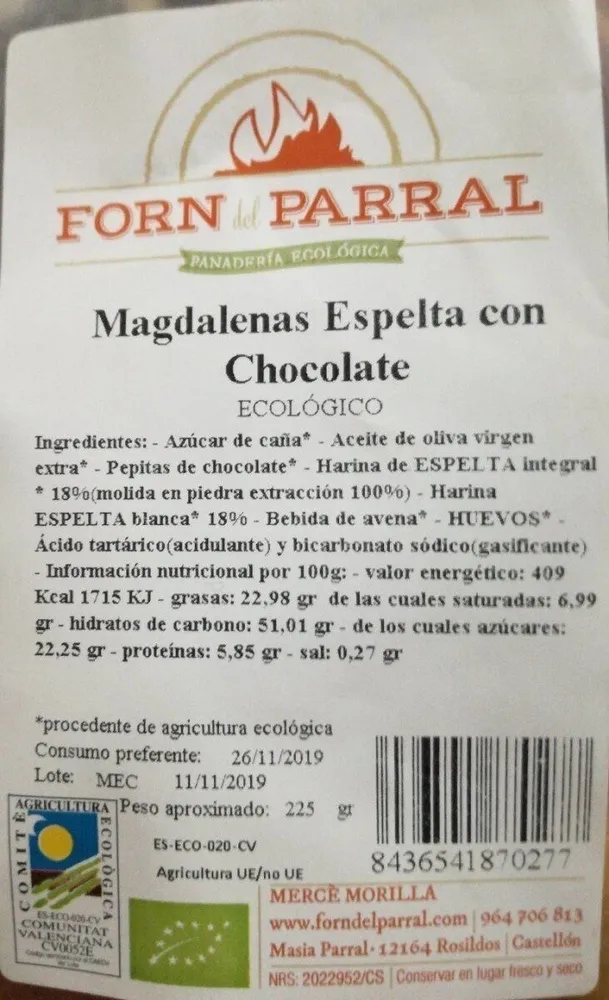 Magdalenas espelta con chocolate