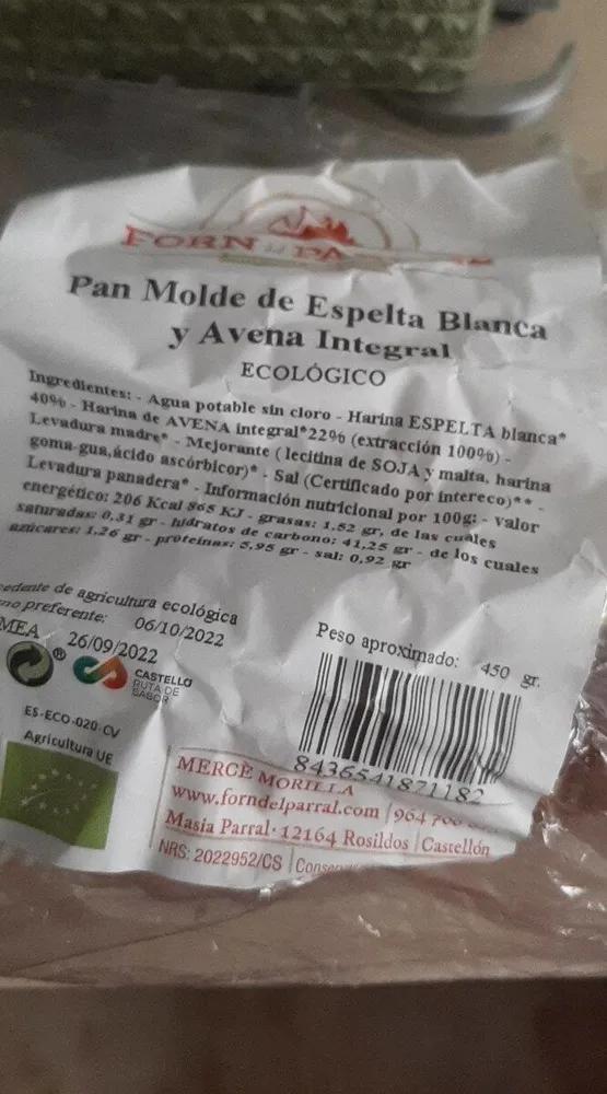 Pan de molde de espelta blanca y avena integral