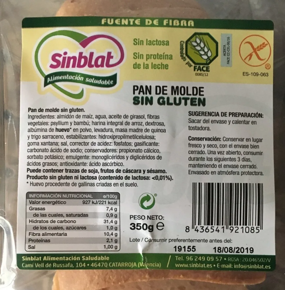 Pan de molde sin gluten