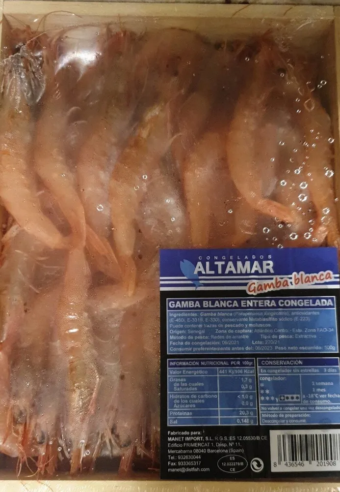 Gamba blanca entera congelada