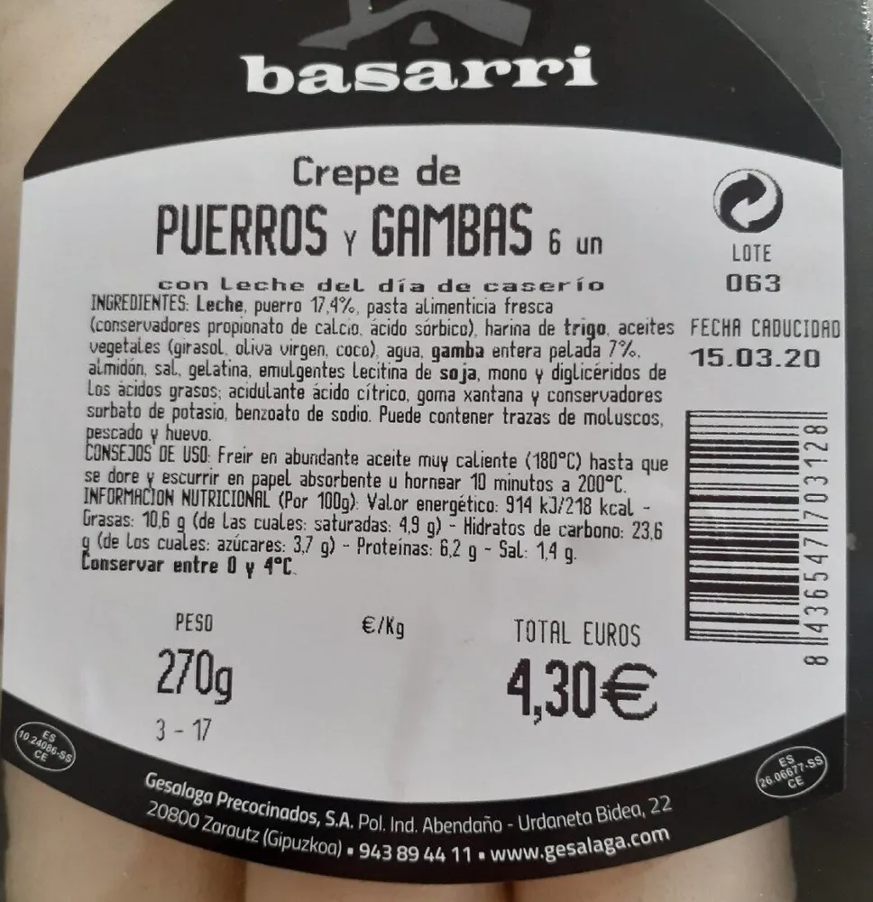 Crepe de puerros y gambas