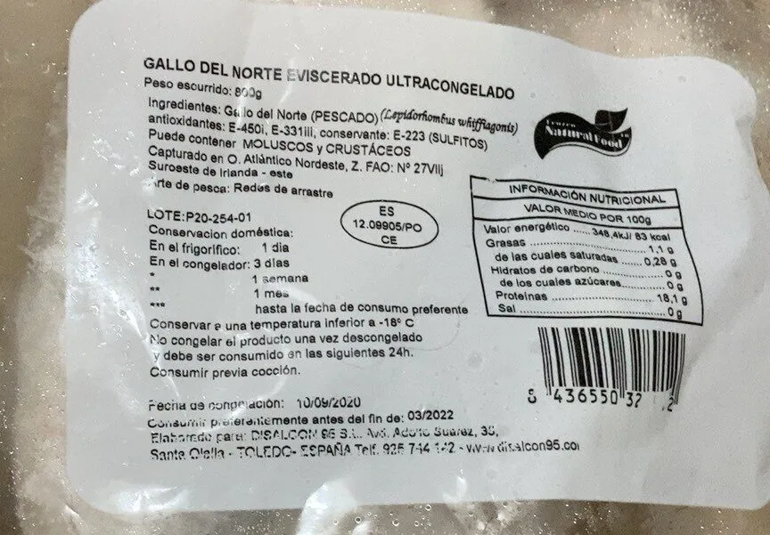 Gallo del norte eviscerado ultracongelado