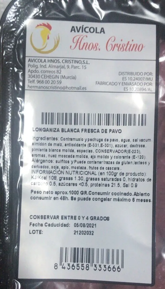 Longaniza blanca fresca de pavo