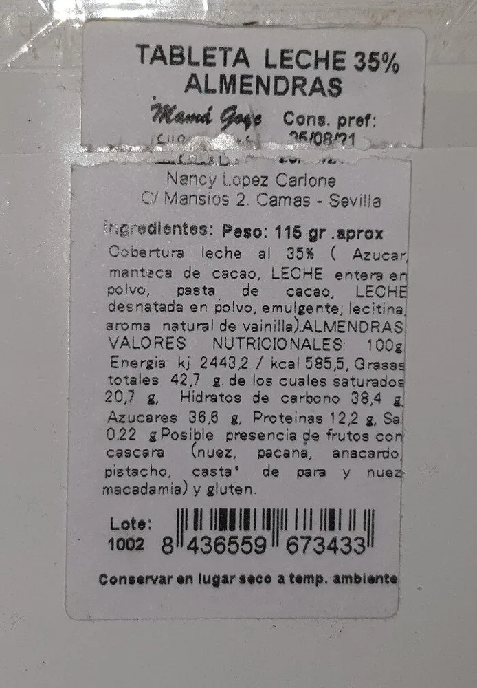 Tableta leche 35% almendras