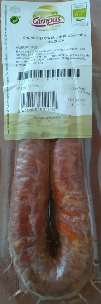 Chorizo Sarta Dulce Producción Ecológica